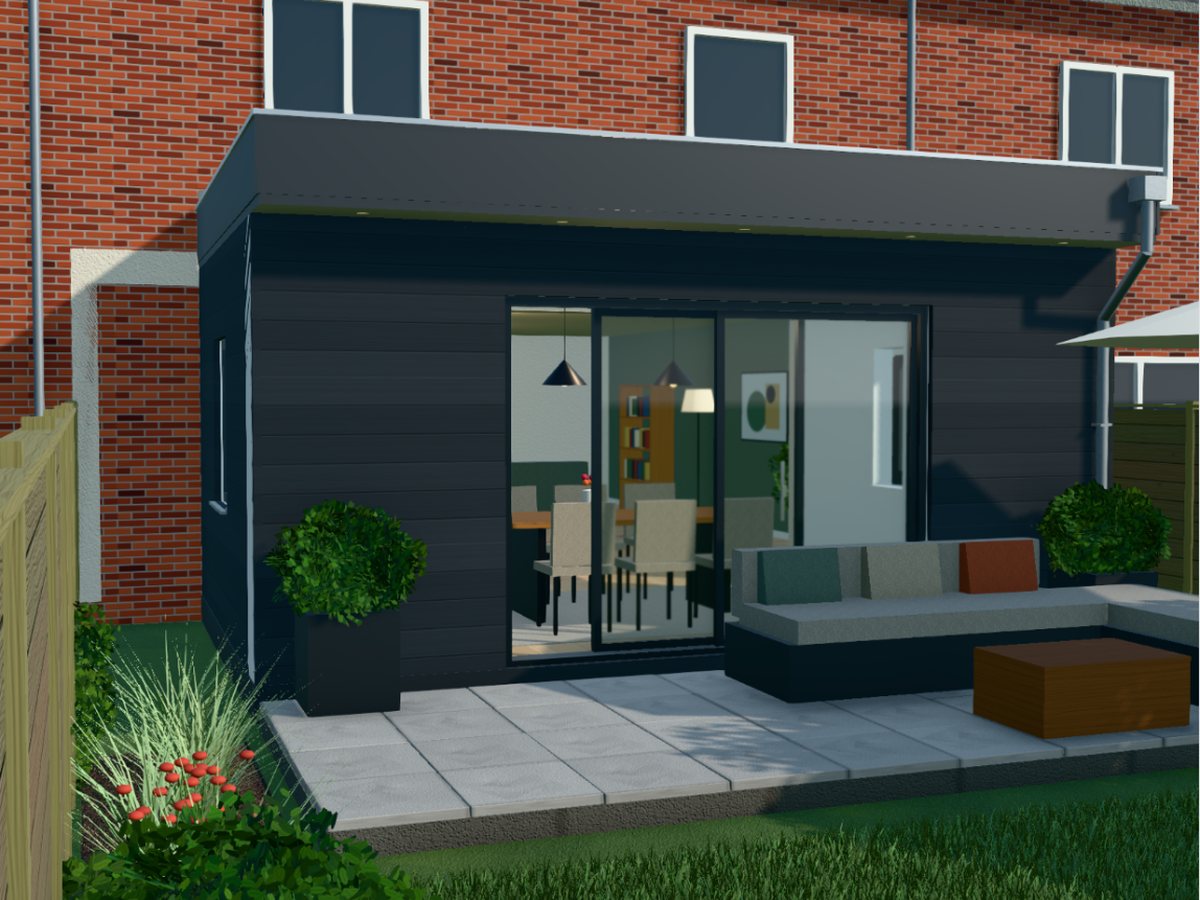 Impressie van een moderne aanbouw met plat dak en schuifpui aan een rijwoning