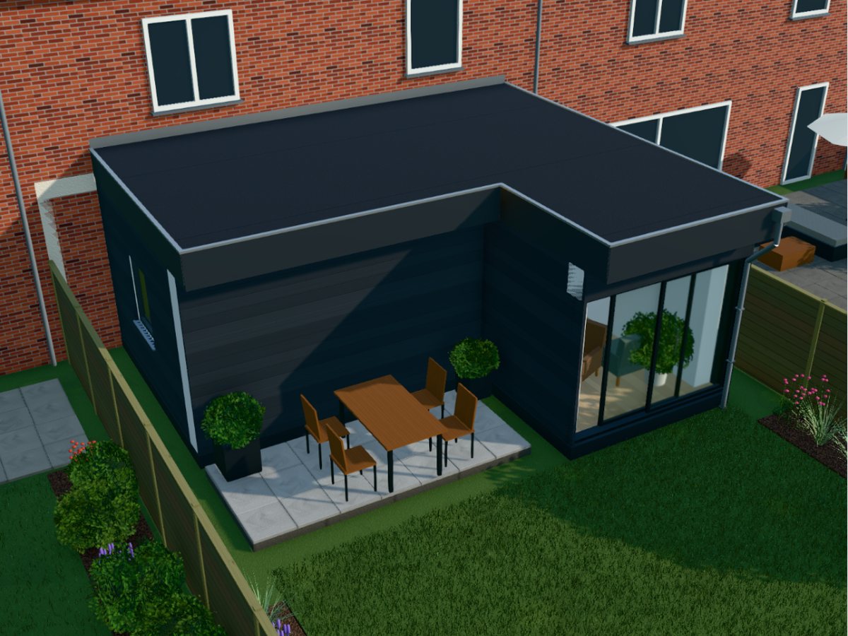 Impressie van een L-vormige aanbouw met terras in de hoek