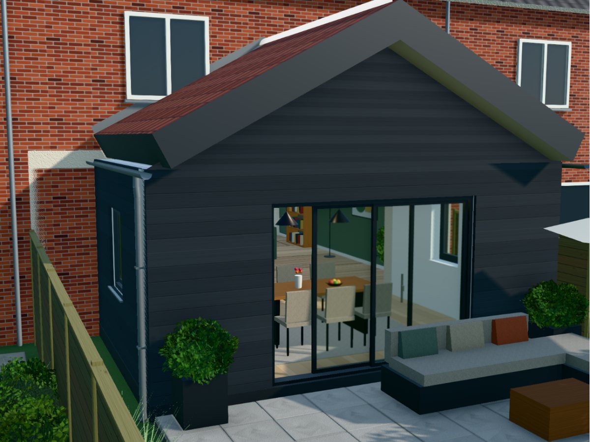 Impressie van een aanbouw met zadeldak en keramische pannen